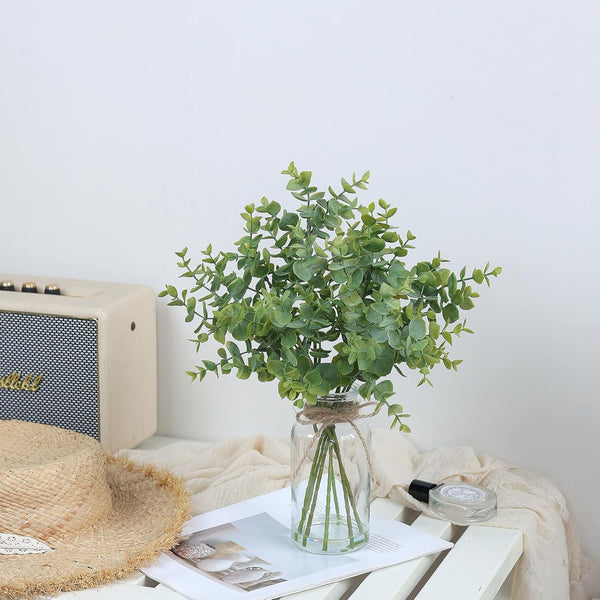 Zheart Fake Eucalyptus Stems in Glass Vase with Faux Water,14" Artificial Plants Eucalyptus Leaves for Shelf Desk Bathroom Farmhouse Room Coffee