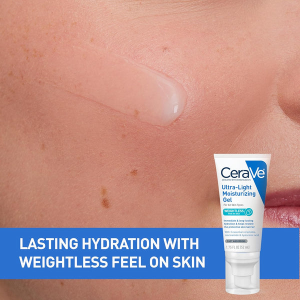 Cerave Ultra-Light Moisturizing Gel, Hydrating Gel Face Moisturizer with Ceramides, Niacinamide, Hyaluronic Acid, Fragrance Free, Oil-Free,