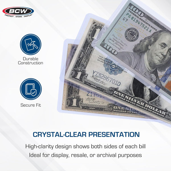 BCW Currency Topload Holder - Pack of 25 | Clear Rigid PVC Protective Sleeve for Standard US Dollar Bills | Archival Safe, Scratch-Resistant
