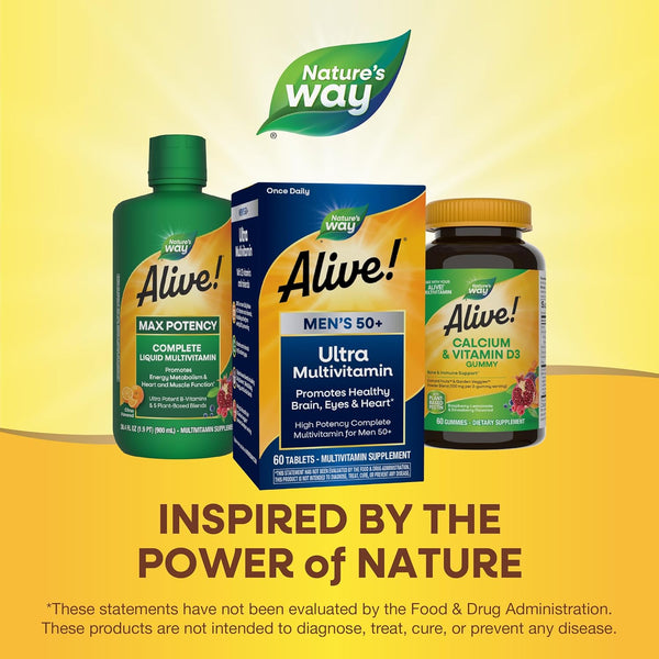 Nature's Way Alive! Men’s 50+ Daily Ultra Multivitamin, High Potency Formula, Supports Healthy Brain, Eyes & Heart*, with Methylated B12,