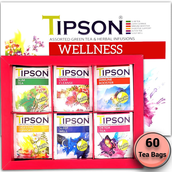 Tipson Wellness Variety Sampler: 6 Flavors | 6 Benefits (60 Tea Bags) - Green Tea & Herbal Infusions for Cleansing, Boosting, Support, and Sleep |