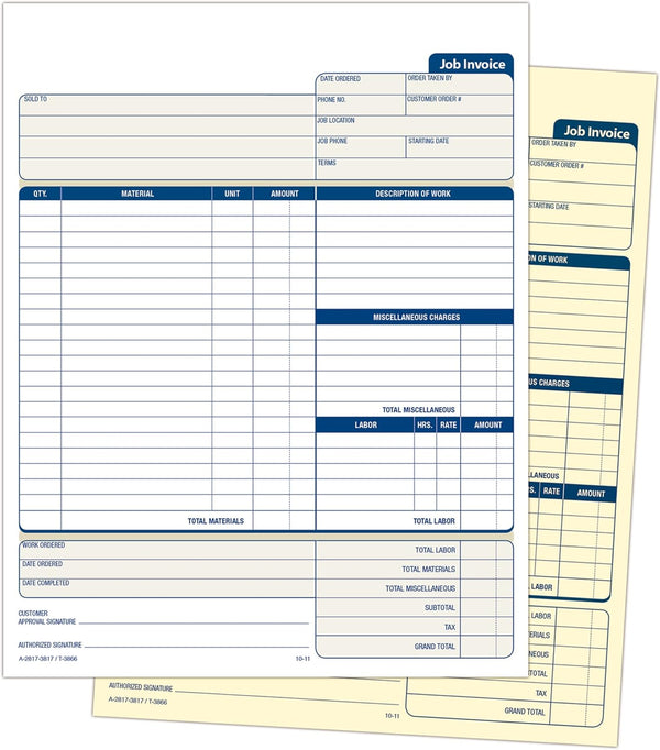 Adams Job Invoice Forms, 2-Part Carbonless, for Service and Repair Billing, 100 Individual Sets per Pack (NC2817), White, 8-1/2 X 11Inches