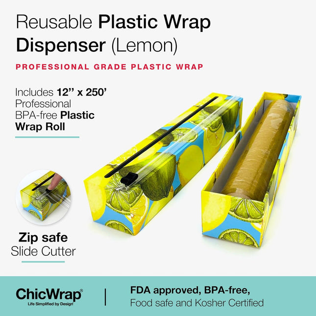Chicwrap Lemon Refillable Plastic Wrap Dispenser - Includes 12" X 250' Roll Professional Grade Disposable Plastic Wrap -