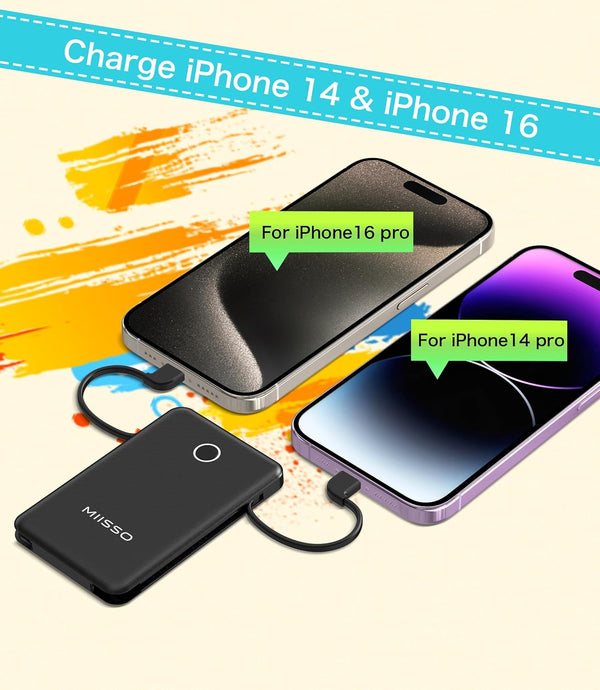 6000Mah Ultra Slim Built in Cables Power Bank, Card Size Built in USB C Cords Battery Pack Portable Charger for Phones, 3 Output External Battery