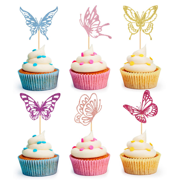 24 PCS Glitter Butterfly Cupcake Toppers Butterfly Theme Party Decoration for Wedding Baby Shower Birthday Party