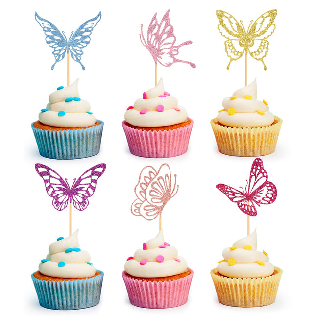 24 PCS Glitter Butterfly Cupcake Toppers Butterfly Theme Party Decoration for Wedding Baby Shower Birthday Party