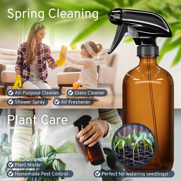 Liba Amber Glass Spray Bottles 2 Pack, 16 Oz Refillable Empty Spray Bottle for Cleaning, Essential Oils, Hair, Plants, Adjustable Nozzle for