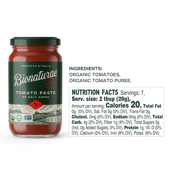 Bionaturae Organic Tomato Paste - No Salt Tomato Paste, Tomato Paste in a Jar, Keto Friendly, Non-Gmo, USDA Certified Organic, No Added Sugar, No
