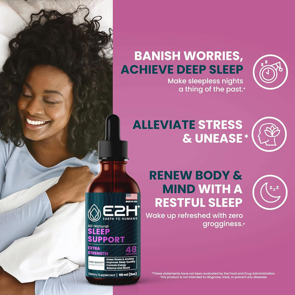 E2H Natural Sleep Support - Liquid Melatonin with Chamomile, Theanine - Sleep Better, Deeper, Longer - Vegan, Gmo-Free - Provides Stress Relief -