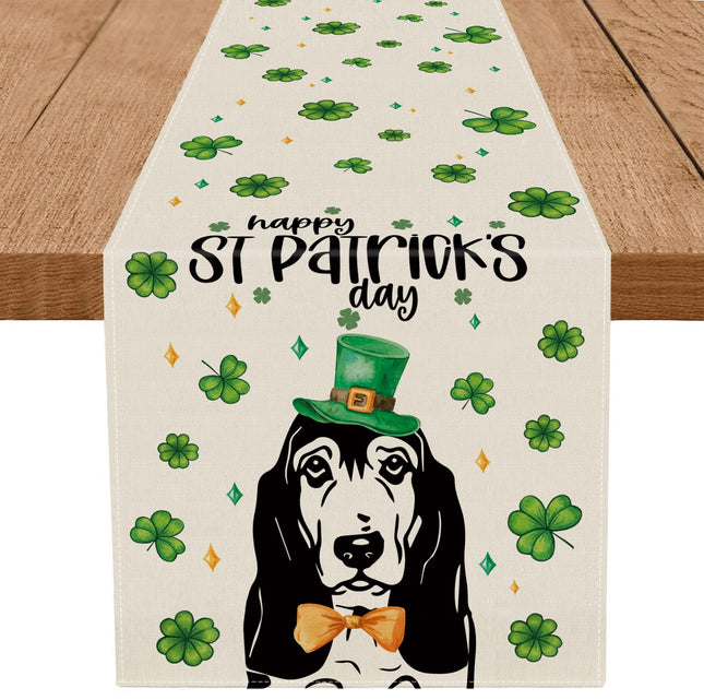 GPGHE St Patricks Day Table Runner Basset Hound Dog Shamrock Table Runners Seasonal Holiday Party Kitchen Dining Table D