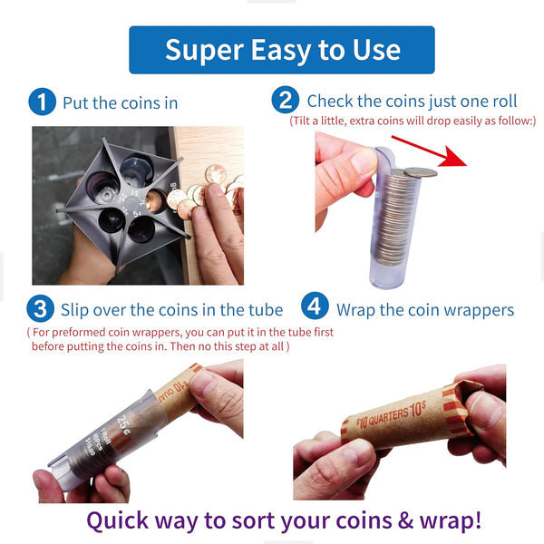 Coin Counter Coin Sorter Tubeï½Creative 5-In-1 Change Sorter Coin Organizerï½Change Counter Machine Coin Rollerï½Coin Bank Holder Coin