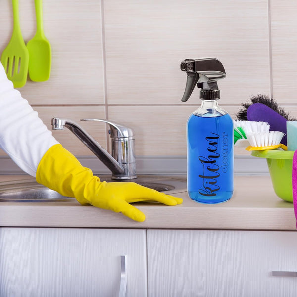 Cornucopia Brands Cleaning Spray Bottles Set, Glass (Set of 4, 16-Ounce); Refillable Trigger Sprayers W/Mist/Stream Settings and Farmhouse Script