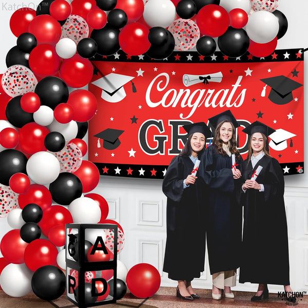 Katchon, Graduation Decorations Class of 2025 Red and Black - Huge, Pack of 76 | Congrats Grad Banner and Graduation Boxes 2025 | Red Balloon Arch