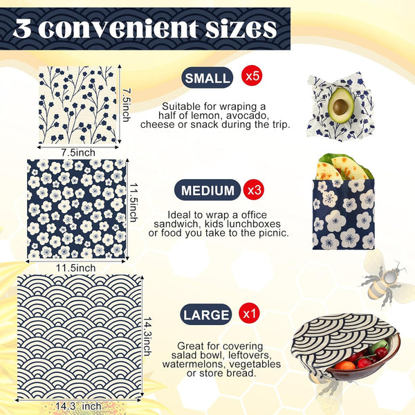 9 Pack Japanese Reusable Beeswax Wraps for Food Eco-Friendly Beeswax Wraps Bread Sandwich Wrapper Organic Sustainable Zero Waste Reusable