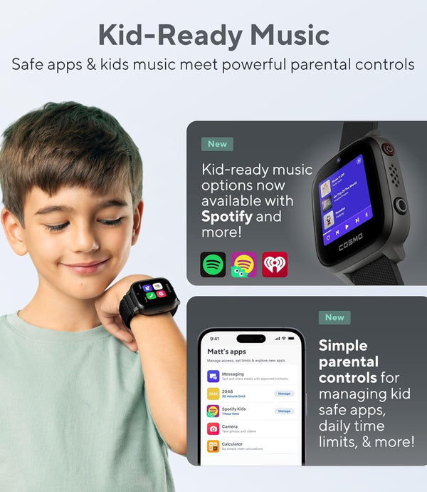 Jrtrack 4 Kids Smart Watch by Cosmo | Phone Watch & GPS Tracker | Enhanced Parental Controls | Call, Text, Activity, School Lock | Spotify Music |