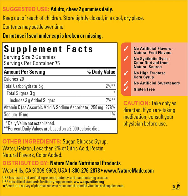 Nature Made Vitamin C 250 Mg per Serving, Dietary Supplement for Immune Support, 150 Gummies, 75 Day Supply