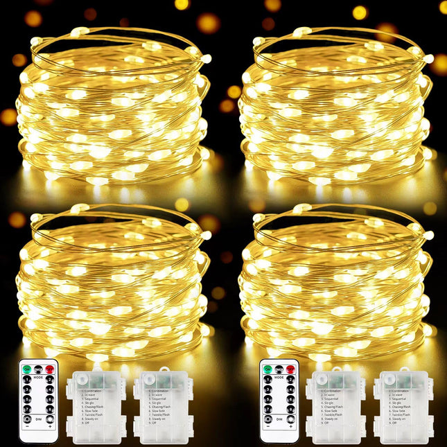 4 Pack 100 LED Fairy Lights Battery Operated with Remote, 33FT Waterproof Twinkle Lights with Timer & 8 Modes, Fairy Str