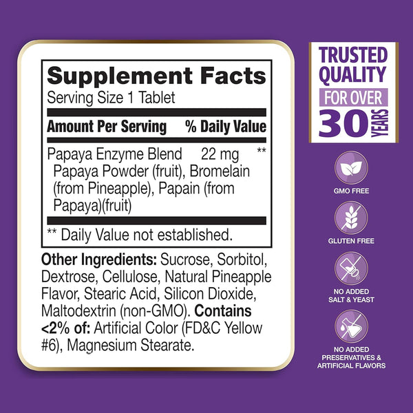 21St Century Papaya Enzyme Chewable (100 Count), Papaya & Pineapple Digestive Enzymes for Gut Health, Tropical Flavor, Non-Gmo, Gluten-Free, No
