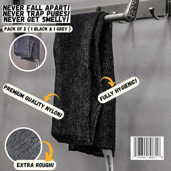 Extra Rough Exfoliating Washcloth-Extreme Body & Back Scrubber for Shower, Extra Long, Hygienic Rough Exfoliator, Men & Women, 2 Count Pack, Black