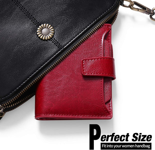 GOIACII RFID Women's Wallet Small Ladies Credit Card Holder Leather with Zipper Pocket 4 ID Windows Wine Wax Red A01 Wax Wine Red