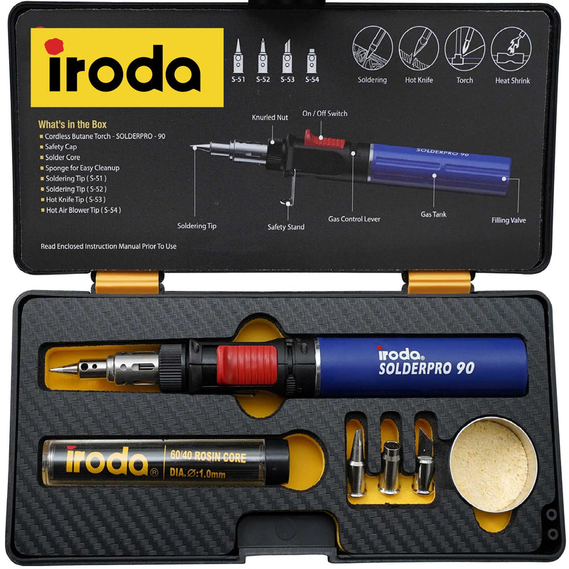 IRODA SOLDERPRO 90K Butane Soldering Iron Kit â 9 Piece Kit 3-In-1 Heat Tool (25â80W) Self-Igniting, Adjustable Flame, 17S Heat-Up, 53-Min