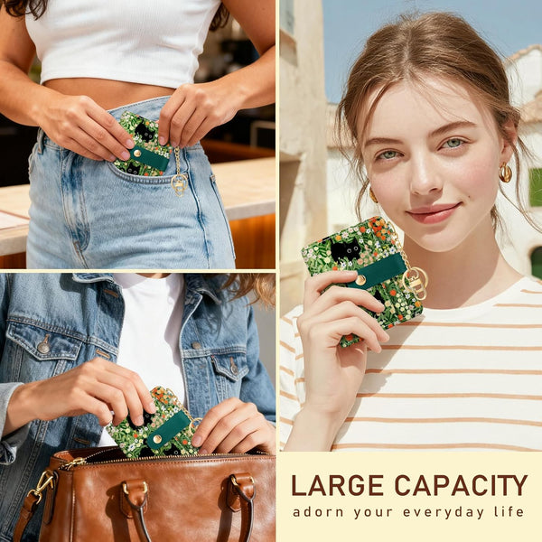 Black Cat Floral Rfid Women Wallet, Small Slim Thin Credit Card Wallet, PU Leather Bifold Cash Zipper Coin Pocket ID Window for Female Ladies Teen