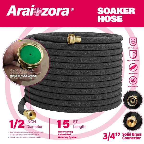 Soaker Hose 25 FT for Garden Beds,Heavy Duty Solid Brass Connector 1/2â Ruber Drip Irrigation for Flower Bed&Yard,Landscaping