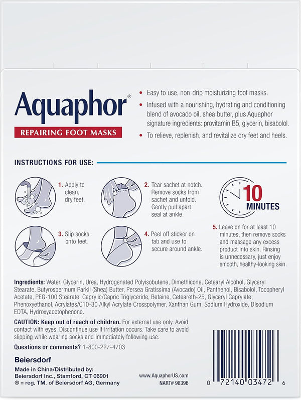 Aquaphor Repairing Foot Masks, Moisturizing Socks for Dry Feet, Hydrating Foot Care Treatment with Avocado Oil and Shea Butter, Pack of 6 1 Count