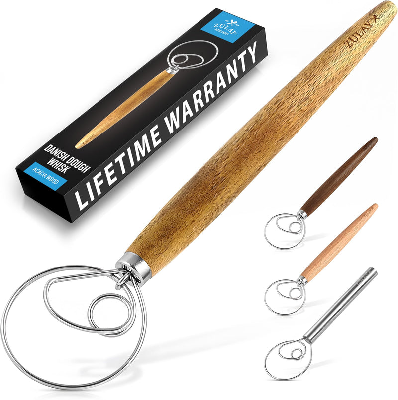 Zulay Kitchen 13 Inch Danish Dough Whisk - Large Wooden Danish Whisk for Dough with Stainless Steel Ring - Traditional Dutch Whisk Baking Tool for