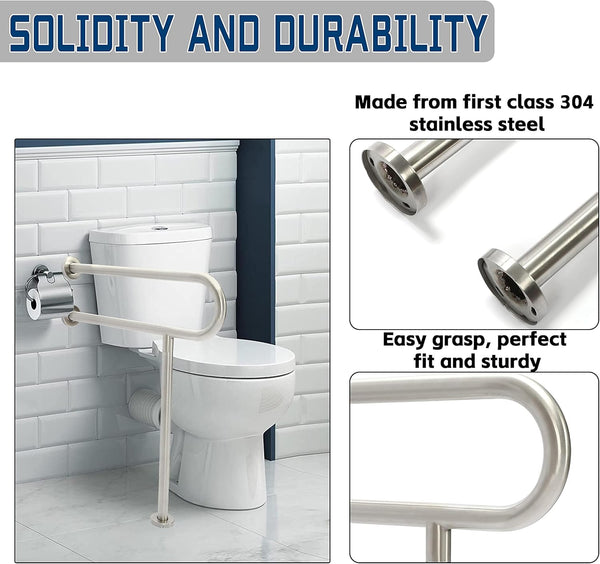 HECASA 24 Inch Handicap Grab Bars Rails 304 Stainless Steel Toilet Handrail Bathroom Safety Bar Wall Mount Floor Support Assist Bar for Disabled
