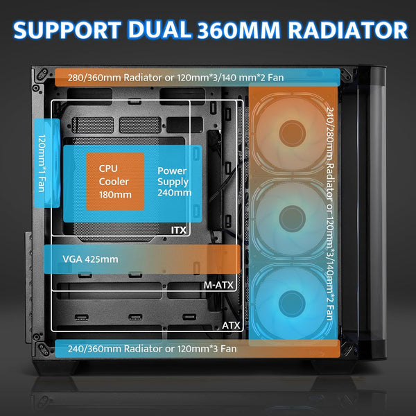 Darkflash ATX Mid-Tower Gaming PC Case, Back Plug-In BTF Motherboard, with 4 ARGB Fans Computer Case, Full View Curve Glass Dual-Chamber PC Case,