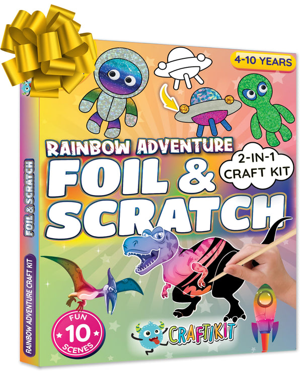 Craftikit ® Rainbow Adventure Foil Art & Scratch Art for Kids- 2-In-1 Arts and Crafts Kit for Kids Ages 4-10 - Rainbow Crafts for Boys Ages 4, 5,