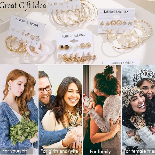 54 Pairs Gold Hoop Earrings Set for Women Multipack, Boho Fashion Statement Stud Hoop Earrings Pack with Pearl Butterfly Shaped Assorted Small Big