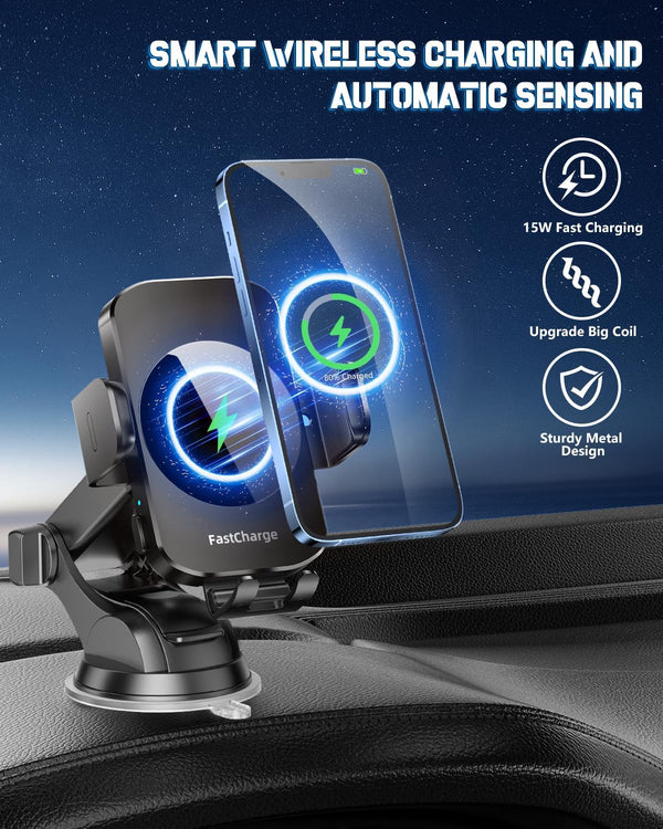 Wireless Car Charger, Fast Charging Phone Holder 3 in 1 Phone Mount Auto Clamping Car Accessories Compatible with Iphone 16 15 14 13 12 11 Xs XR,