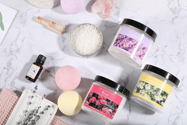 Spa Luxetique Bath Salts, 8Pcs Bath Salts Gift Set with Argan Oil, Bath Bombs, Wooden Scoop, Epsom Salt for Soaking in Lavender, Rose, Chamomile