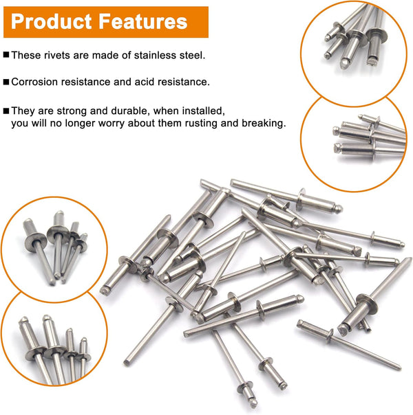 ISPINNER 120Pcs 304 Stainless Steel Blind Rivets, Pop Rivets Assortment Kit