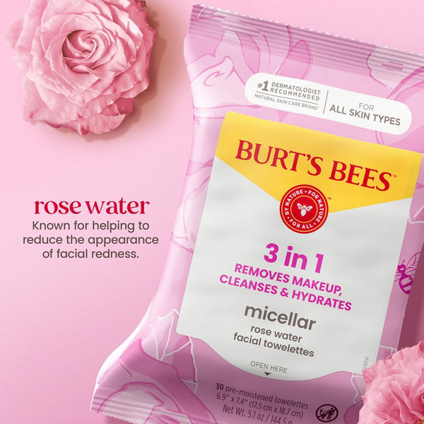 Burt'S Bees Rose Water Face Wipes, for All Skin Types, Hydrating Micellar Makeup Remover & Facial Cleansing Towelettes, 30 Ct (3-Pack)