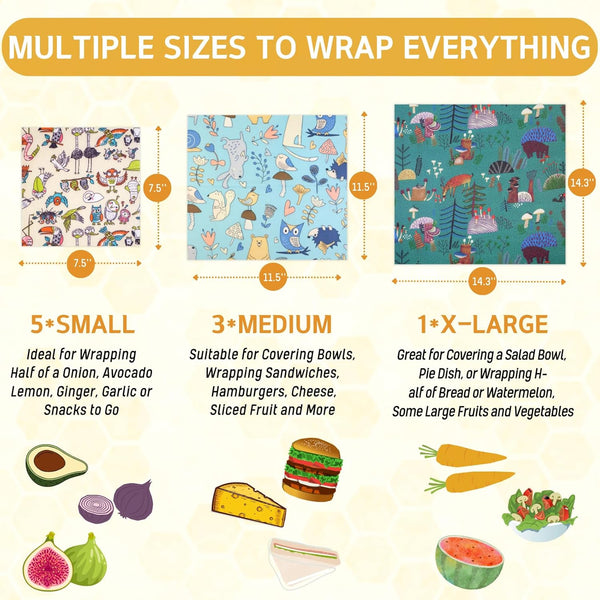 Reusable Beeswax Wrap - 9 Pack Beeswax Wraps for Food, Eco-Friendly Beeswax Food Wraps, Bread Sandwich Wrapper - Organic, Sustainable, Zero Waste,