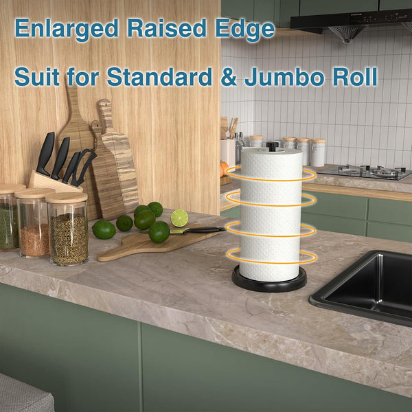 Paper Towel Holder Countertop, One-Handed Tear, Stainless Steel, Weighted Base, Black, Paper Towel Roll Holder Stand with Ratchet Mechanism for