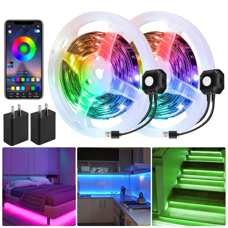 Motion Activated under Bed Light Strips, 2X9.8Ft RGB Motion Sensor LED Light Strip with App Control, USB 5V Dimmable LED Night Light with 4 Timing
