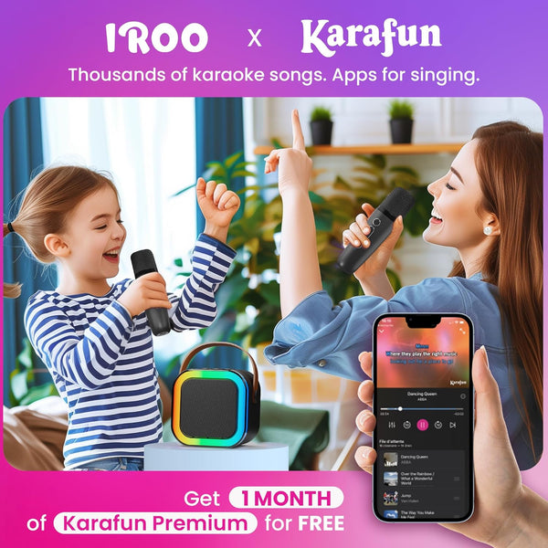 IROO Mini Karaoke Machine for Kids Adults(Karafun Premium), Portable MP3 Player with 2 Wireless Mics and Party Lights for Smartphones, Birthday