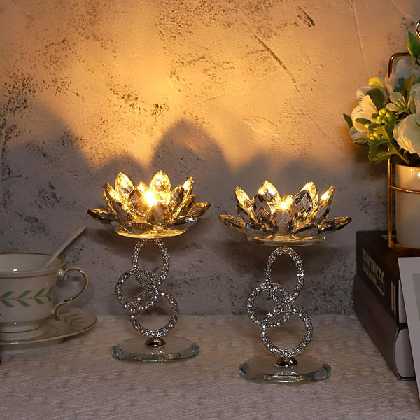 Ownmy Set of 2 Crystal Lotus Flower Candlestick Holders Metal Glass Lotus Pillar Candle Holders, Silver Crystal Lotus Votive Candlesticks Tealight