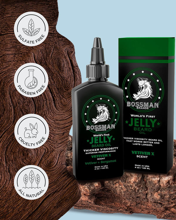 Bossman Jelly Beard Oil for Men (4 Oz, Vetiver X Scent) â Softens, Moisturizes & Conditions with Natural Ingredients