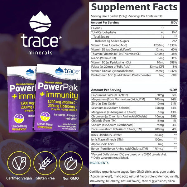 Trace Minerals Powerpak plus Immunity - Hydration Support Supplement - Vitamin & Mineral Powder with Elderberry - Powder Packet to Aid Immunity &