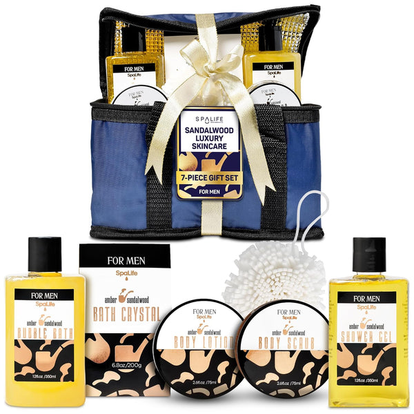 Spalife Men'S Sandalwood Luxury Spa Skincare Set - Complete Care Kit for Rugged Revitalization, Exfoliating Scrub - Bath and Body Collection for