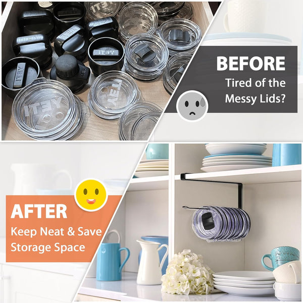 Tumbler Lid Organizer, Horizontal Tumbler Lid Storage Hook up to 10 Lids, Space Saving Cup Lid Holders under Cabinet Tumbler Lid Hook for Kitchen