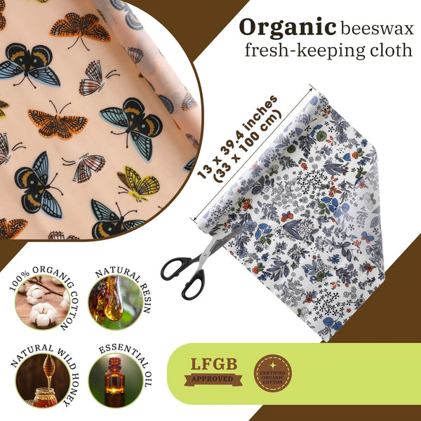 Moukeren 3 Rolls Beeswax Wraps for Food Assorted Organic Cotton Reusable Beeswax Food Wrap Sustainable Wax Paper Wrappers Plastic Silicone Free