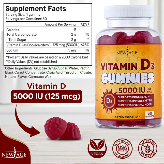 NEW AGE Vitamin D3 5000 IU 125mcg Gummies - Immune Supplement - Non-GMO, Gluten-Free, Dairy-Free, No Gelatin (120 Gummie