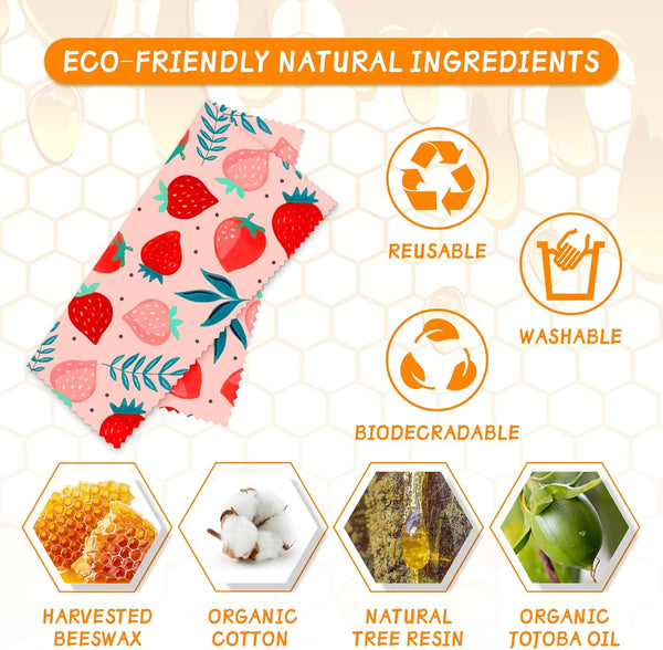 Reusable Beeswax Wrap - 9 Pack Eco-Friendly Beeswax Wraps for Food, Organic, Sustainable, Biodegradable, Zero Waste, Plastic-Free Food Storage, 1L