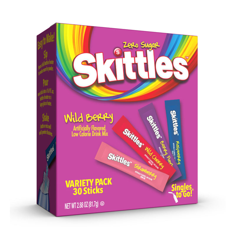 Skittles Singles to Go Wild Berry Variety Pack, Watertok Powdered Drink Mix, Zero Sugar, Low Calorie, Includes 4 Wild Berry Flavors, 1 Box (30